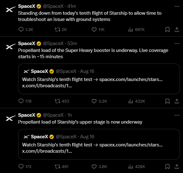 SpaceX星舰第十次试飞取消 地面系统出现问题