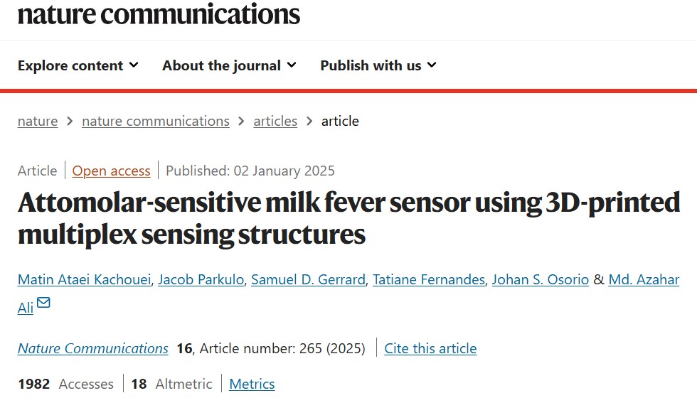 Nature成果：创新3D打印传感器应对亚临床低钙血症，可帮助奶农年节省近10亿美元