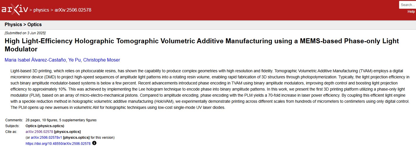 EPFL研究人员推出基于MEMS的全息系统，提升体积3D打印效率