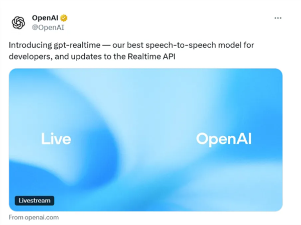 OpenAI发布语音模型GPT-realtim：具备情感感知能力 多语言无缝切换