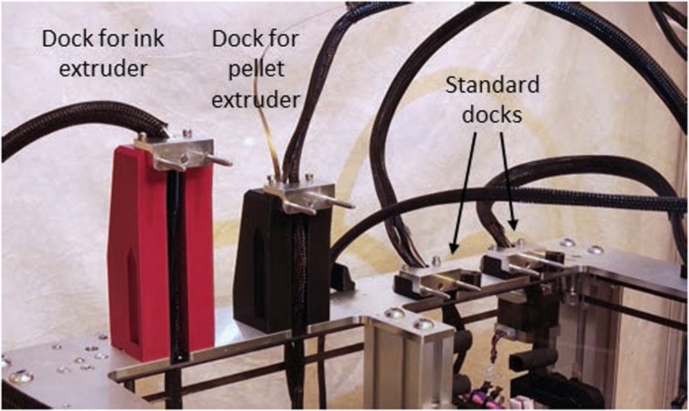 图为E3D ToolChanger 对接装置，以兼容油墨挤出机与颗粒挤出机