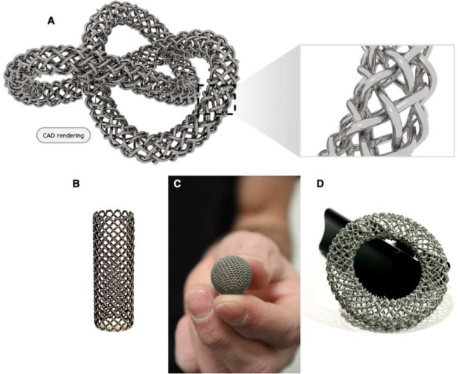 复杂形状的编织镍钛诺结构设计及原型:(a)三叶结 CAD 模型渲染图,(b)打印管状编织网原型,(c)打印编织球原型,(d)打印编织环原型。原型横截面直径 = 400 μm 复杂形状的编织镍钛诺结构设计及原型:(a)三叶结 CAD 模型渲染图,(b)打印管状编织网原型,(c)打印编织球原型,(d)打印编织环原型。原型横截面直径 = 400 μm