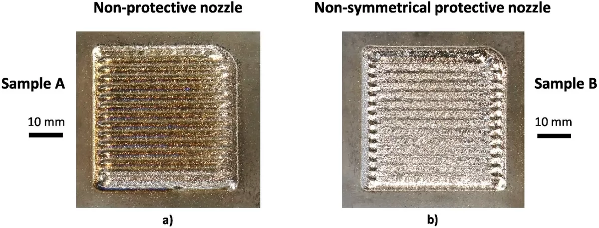 使用非保护性喷嘴得到的样品 (b)使用对称保护喷嘴得到的样品