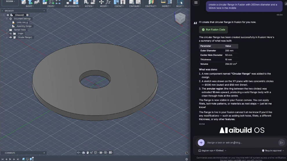 Aibuild OS 根据文字提示在 Autodesk Fusion 中生成圆形法兰