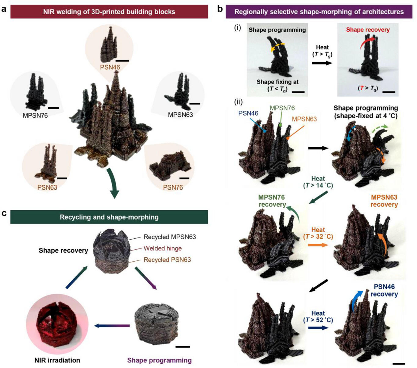 3D打印硫塑料的模块化组装、形状变形与回收利用