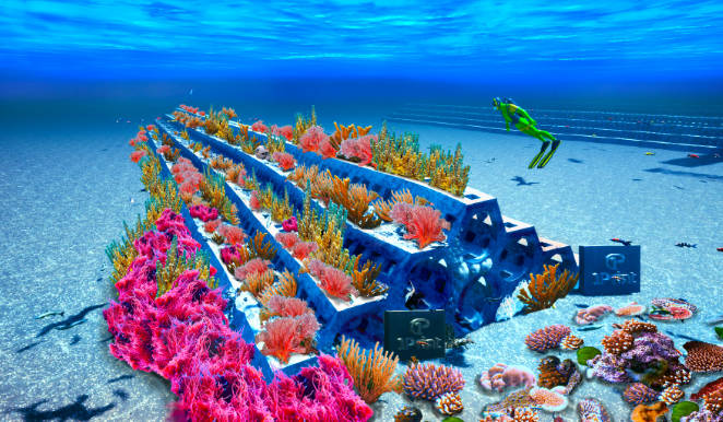 渲染图:DARPA REEFENSE 3DCP X-REEFS SEAHIVE®,由University of Miami和1Print合作的DARPA项目,用于混合礁石防波堤和珊瑚生长 渲染图:DARPA REEFENSE 3DCP X-REEFS SEAHIVE®,由University of Miami和1Print合作的DARPA项目,用于混合礁石防波堤和珊瑚生长