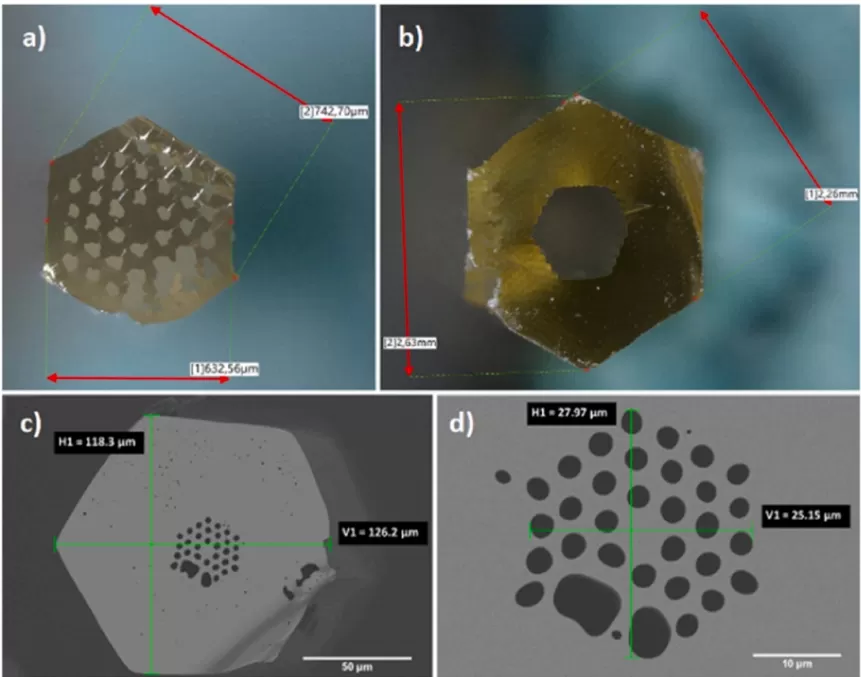 光纤元件在不同制造阶段的截面:光子晶体结构的亚预制体(a)，包层外部的毛细管(b)，开发的光子晶体光纤的最终结构(c,d)