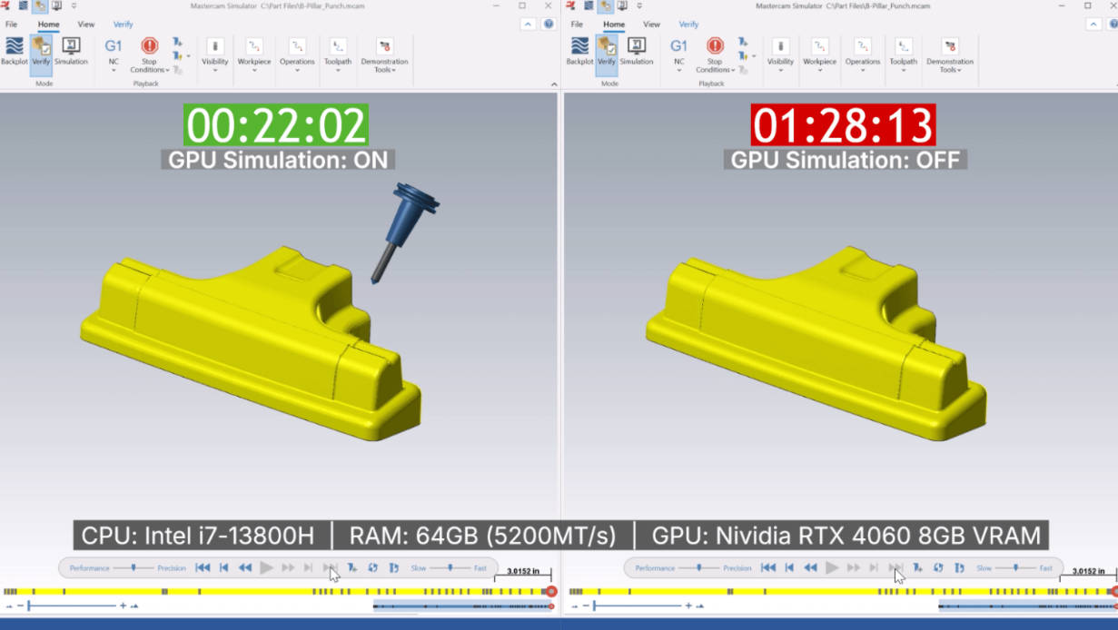 借助 GPU 加速仿真，处理复杂多工序零件的团队可在极短时间内完成碰撞检测与材料分析