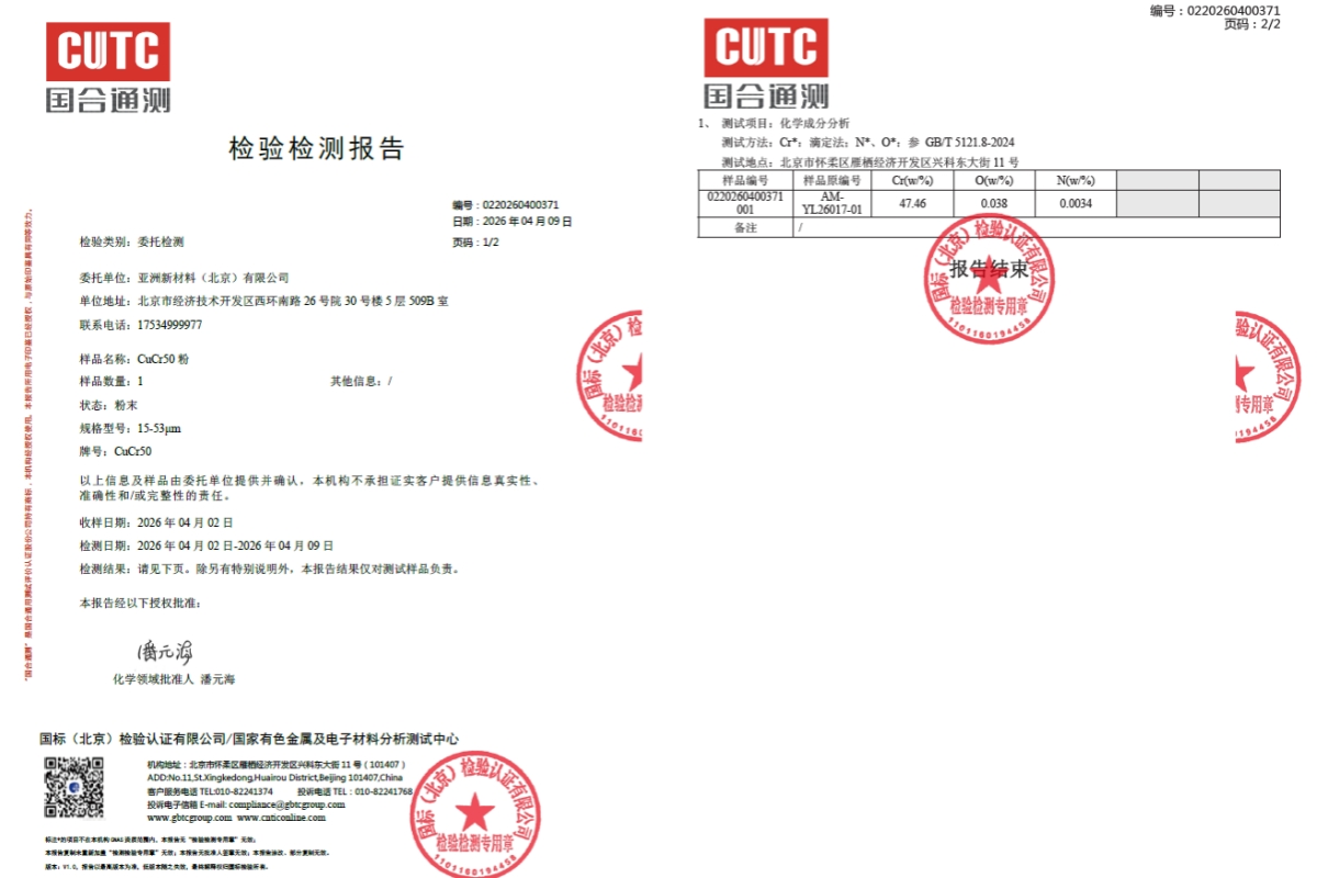 CuCr50粉末（15-53μm）成分测试报告