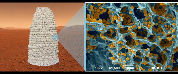 这种生物建筑材料可在模拟火星环境（-30°C 和 0.01 atm）下进行3D 打印（左图）；显微图像显示了复合材料的多孔结构，其中聚合物和工程酵母以黄色突出显示